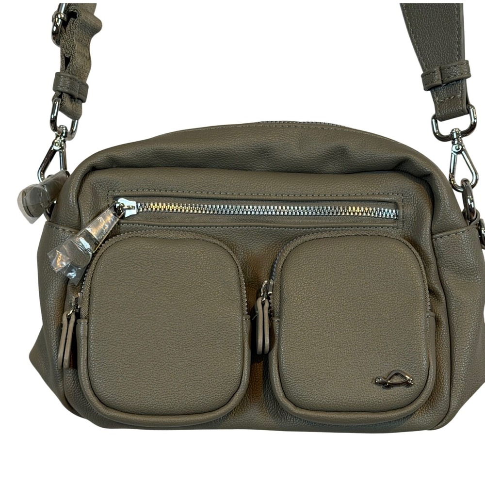 Carpisa Taupe Olive Grained Faux‎ Leather Multi-Pocket Crossbody Camera Bag NEW